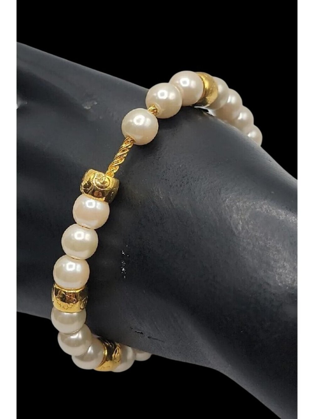 Vintage LCI Liz Claiborne Faux Pearl Gold Tone Bead Bracelet 1990s 7.5" Cable - Picture 6 of 13